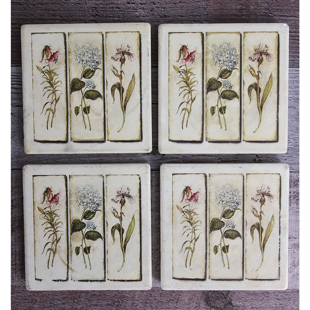 Set 4 FLOWER Square Coasters Absorbent Stone Floral Garden Vintage Gift